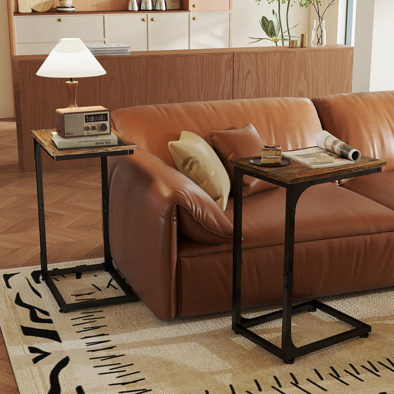 C-Shaped End Table, Dark Brown Wood/Black, Set of 2