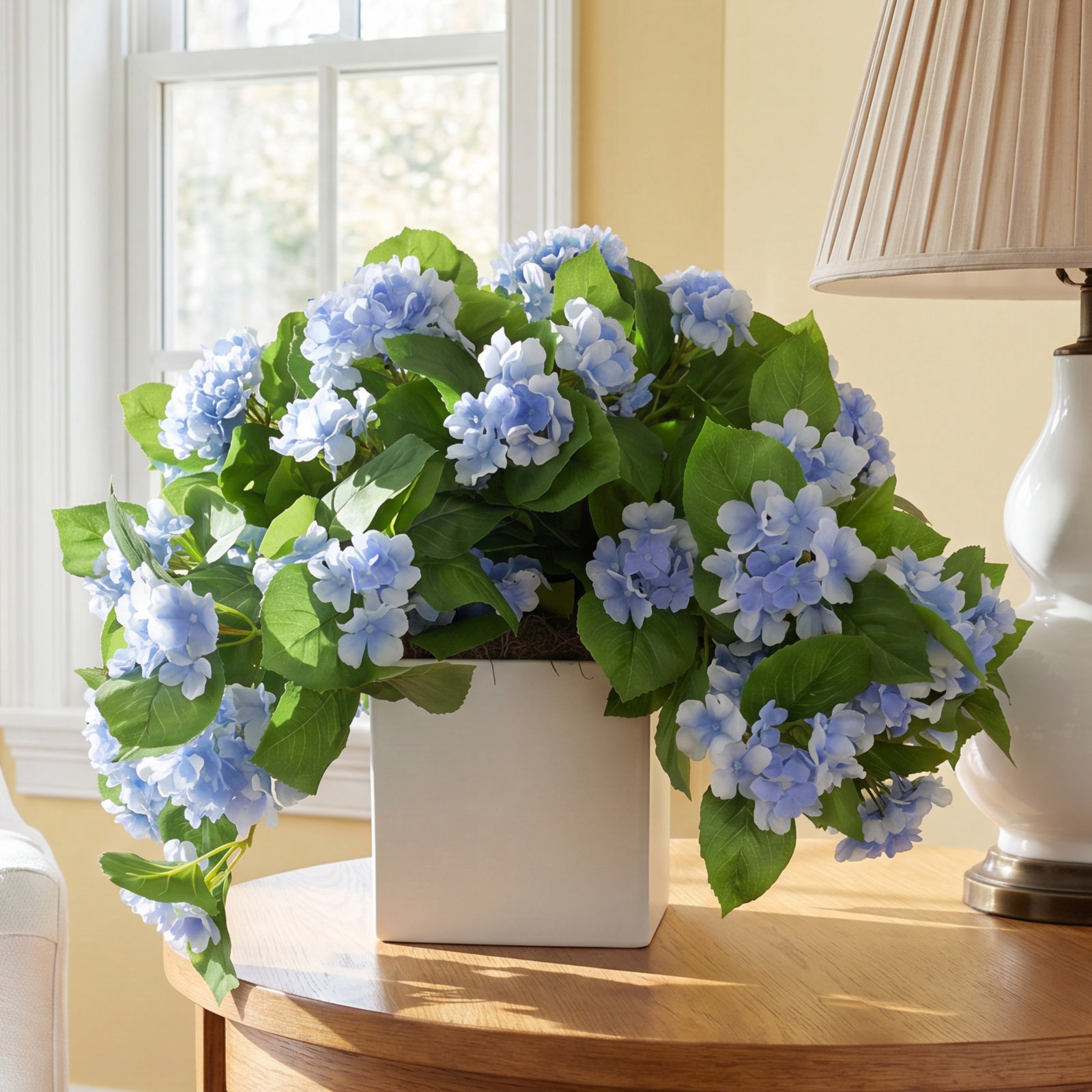 Outdoor UV Hydrangeas Arranged in Fiberstone Pot, Blue