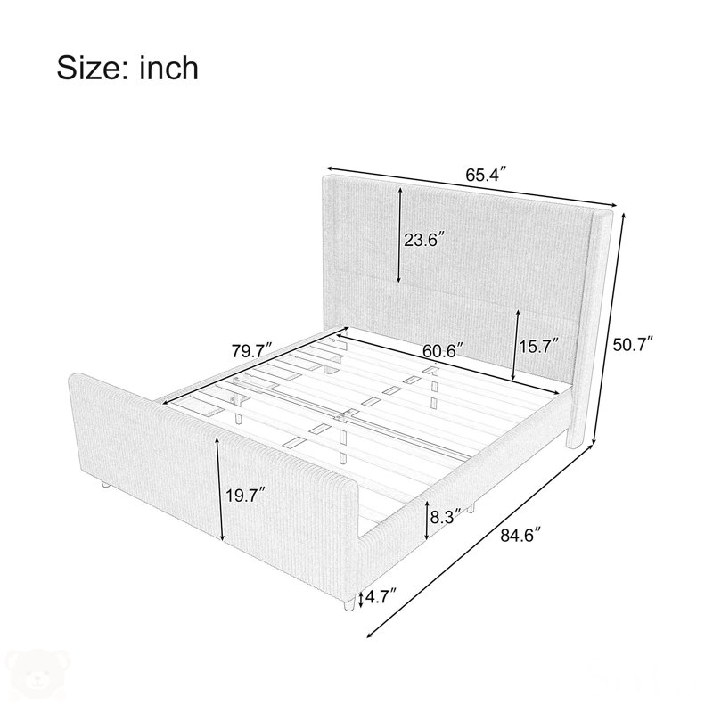 50.7'' High Headboard Corduroy Upholstered Bed Frame With Vertical Stripe Wingback And High Footboard No Box Spring Needed
