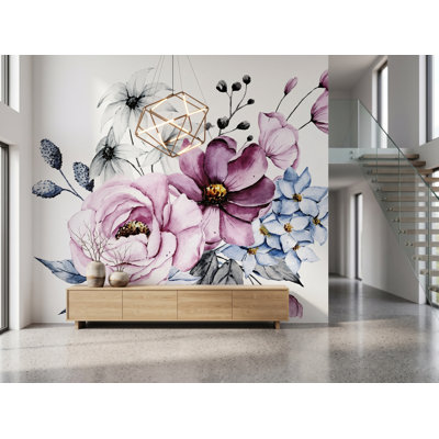 Panneau de papier peint adhésif l 10,4 pi x l 125 po à motif de fleurs roses et mauves, l 125 po x H 125 po, adhésif en vinyle