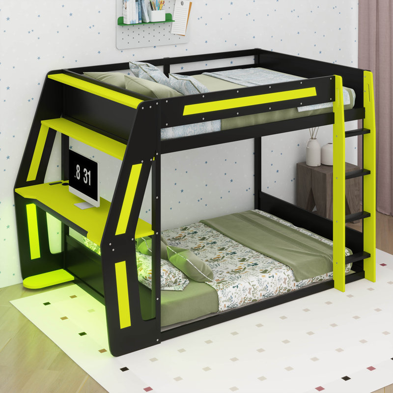Lit superposé double avec bureau et lumière DEL, Vert