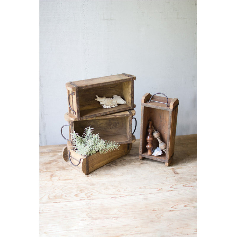  Moule en bois de brique en bois avec poignées en fer - L 12 po Boîte de rangement rétro patinée pour tablettes et présentoirs