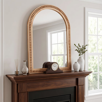 Natural Wood Color 24×36 Inch Arch Wall Mirror With Beaded Solid Wood Frame, Rustic Farmhouse Decor Mirror for Entryway, Bathroom & Living Room