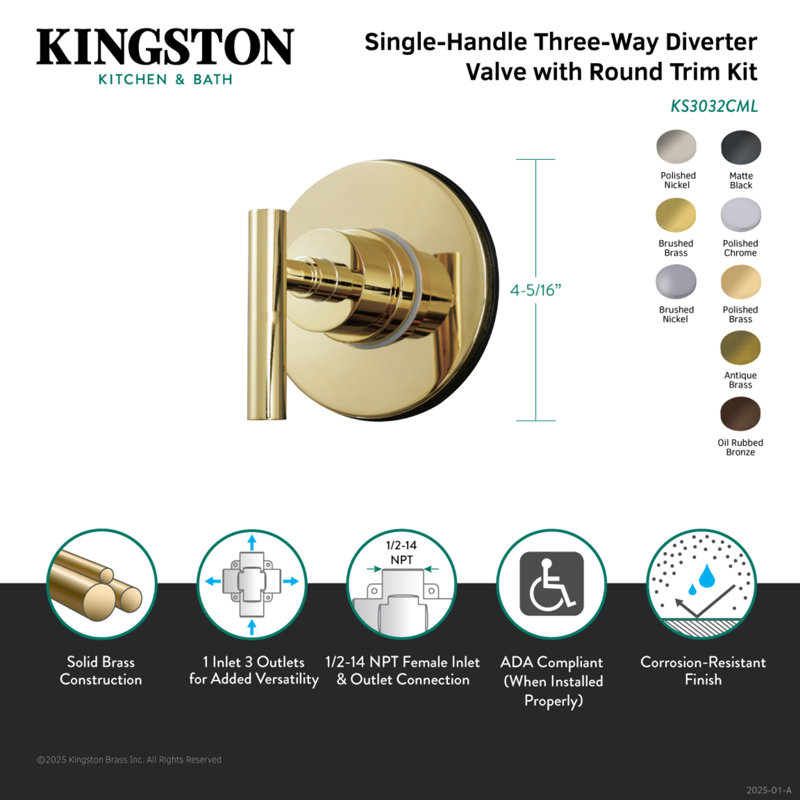 Kingston Brass Manhattan Single-Handle Wall Mount Three-Way Diverter Valve with Trim Kit, Brushed Nickel