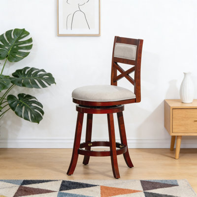24" Counter Height X-Back Swivel Stool, Cherry Finish, Beige Fabric Seat