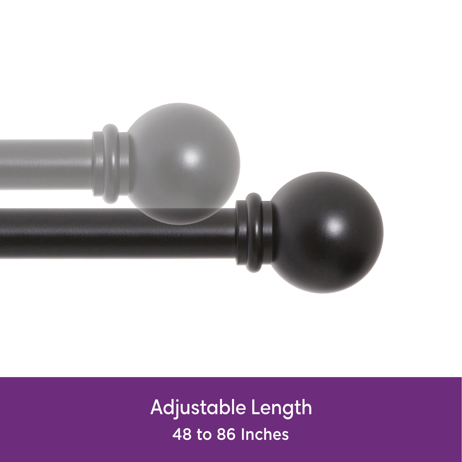Camptown Ball End Single Curtain Rod, 48" - 86" , Black