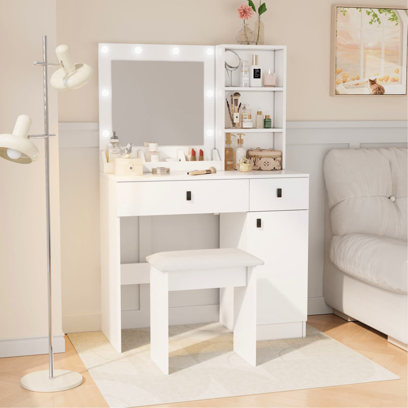 Bedroom Makeup Vanity With Adjustable Lights And Square Mirror - White Modern Desk 2 Drawers Storage Rotating Mirror, Ample Space, Intensity Settings