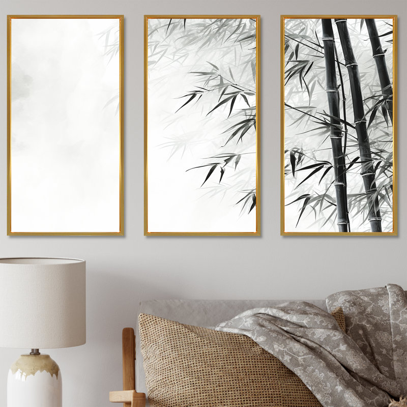 Ensemble de décorations murales en bambou sauvage noir et blanc, Cadre flottant doré, H 32 po x l 48 po x P 1 po