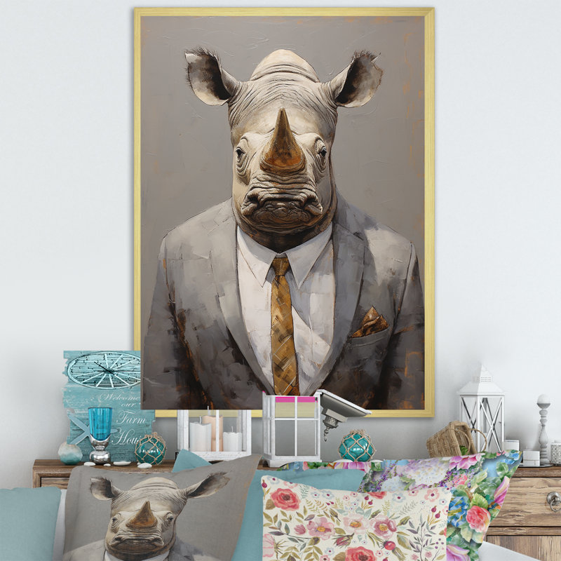 «Business Hippo Portrait», reproduction d'art sur toile, Cadre doré simple, H 40 po x l 30 po x P 1,5 po