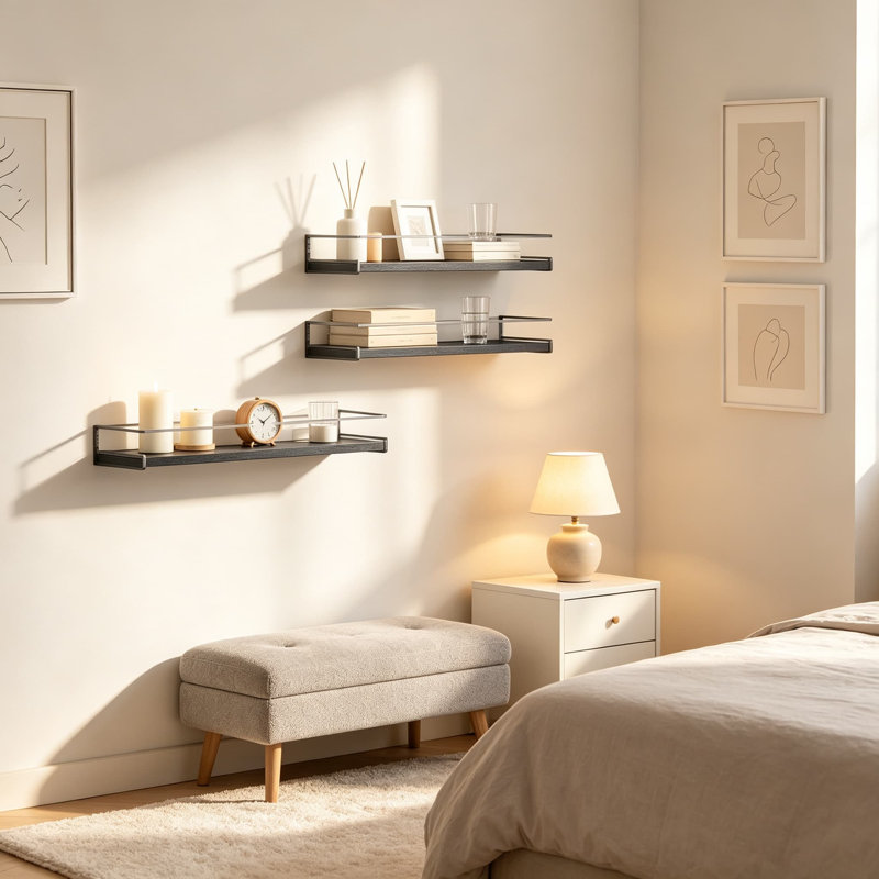 Étagères de salle de bain flottantes murales, tablettes pour accessoires de salle de bain, organisateur de salle de bain moderne avec barre à serviettes pour le rangement de la décoration murale dans de petits espaces, ensemble de deux