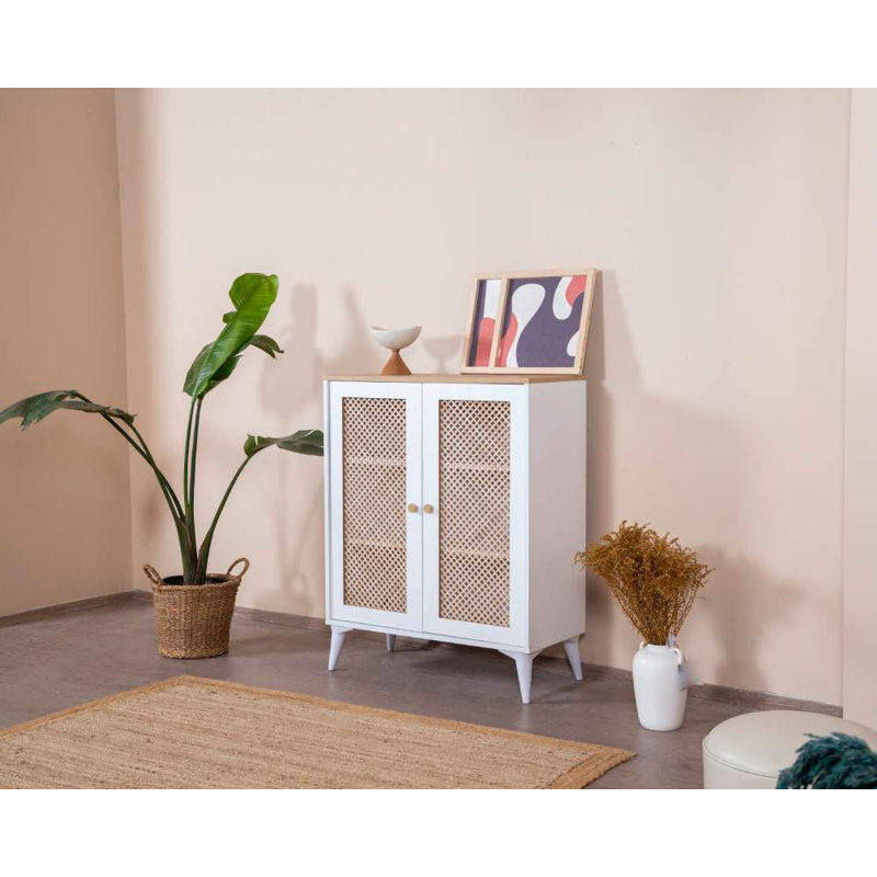 Modern Scandinavian Sideboard with Soft-Close Doors, White & Oak, 35.4 x 41.3 x 16.1 inches | 100% Melamine Coated Chipboard, MDF Frame, Pine Wood Decor | Numerous Shelves & Wall-Mountable Design, Elegant Storage Solution