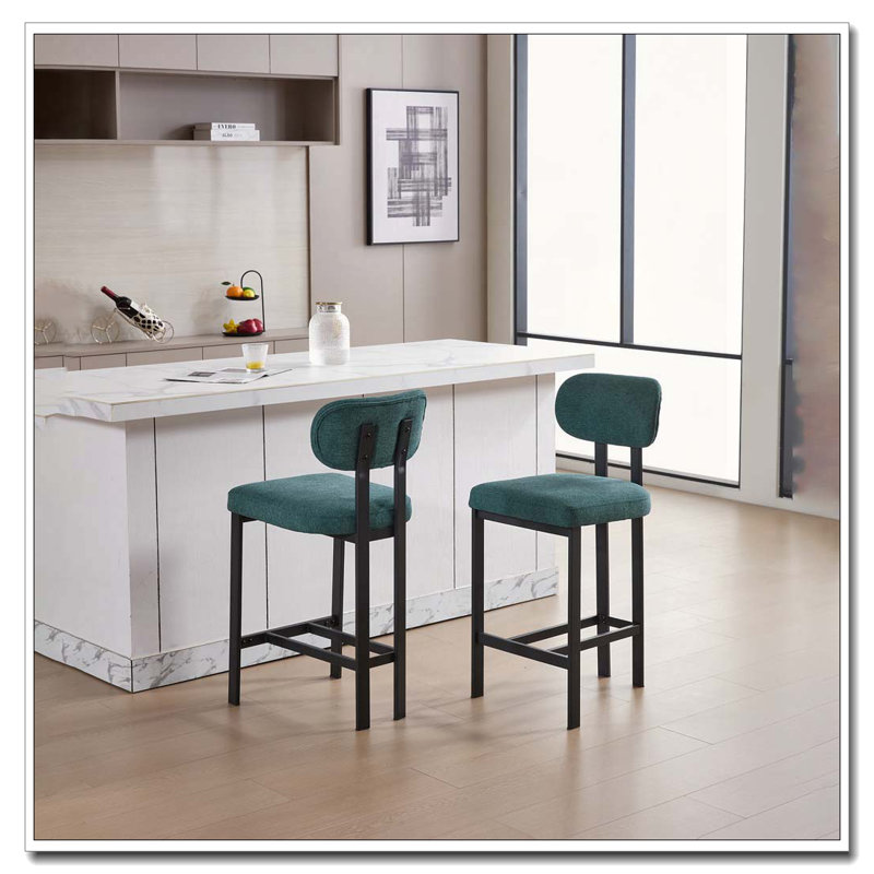 Tabouret de bar rembourré en tissu avec pieds en métal noir pour salle à manger / îlot de cuisine / bar, Vert antique