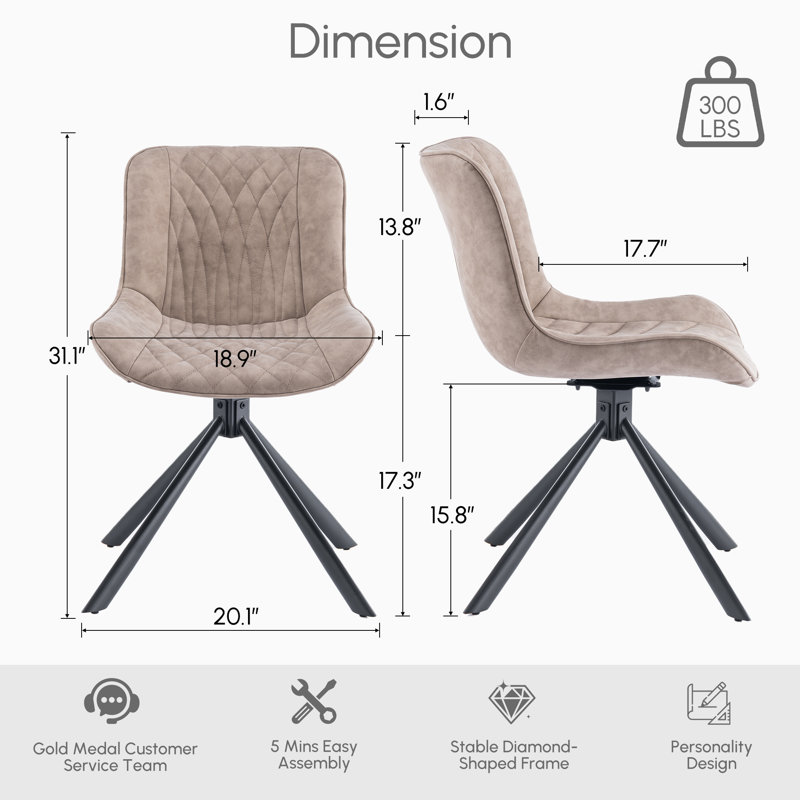 Chaises de salle à manger pivotantes rembourrées et capitonnées en cuir avec pieds en métal, Beige