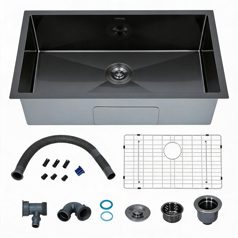 Évier de cuisine encastré en PVD noir de 30 po, bol simple de 9 po de profondeur avec bonde à rainure en X