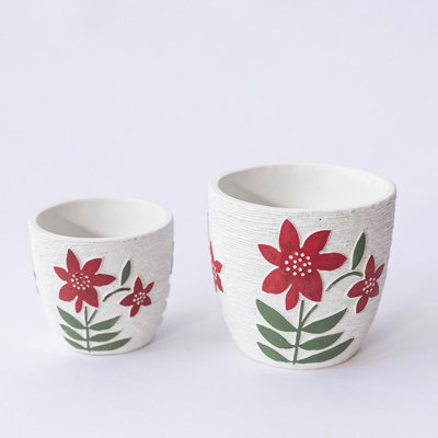 Ensemble de 2 jardinières à finition texturée avec motif floral rouge