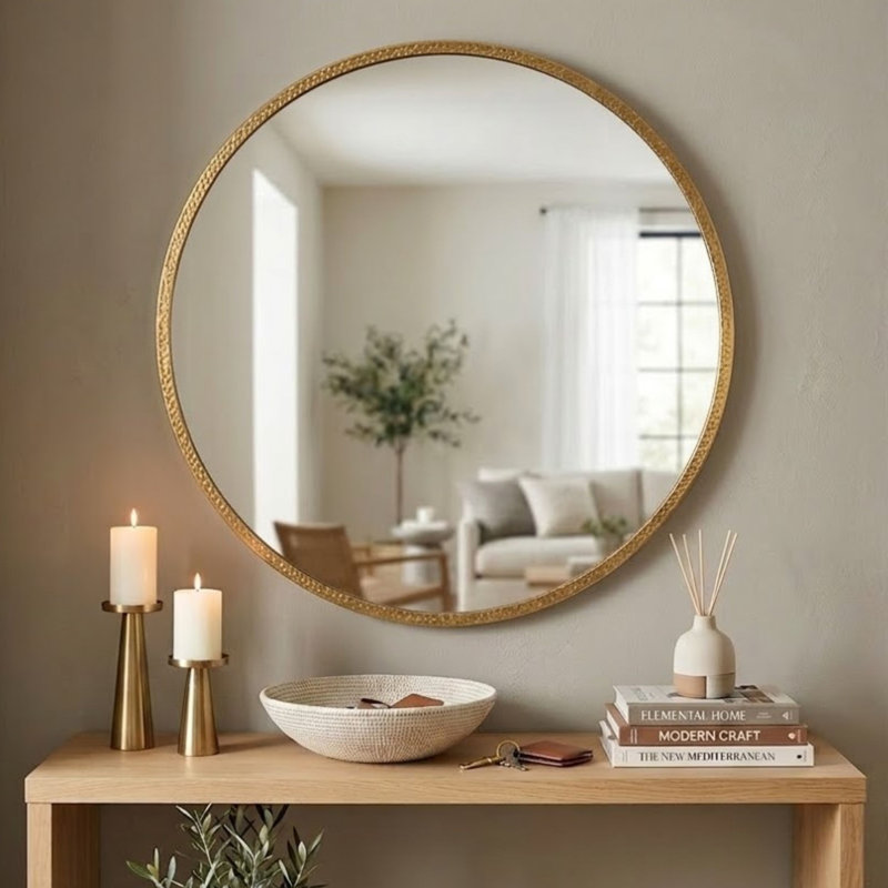 Leslie Hammered 30" Gold Round Wall Mirror, Hammered Metal Frame Accent Mirror, Modern Decorative Hanging Wall Mirror for Bathroom Vanity or Entryway