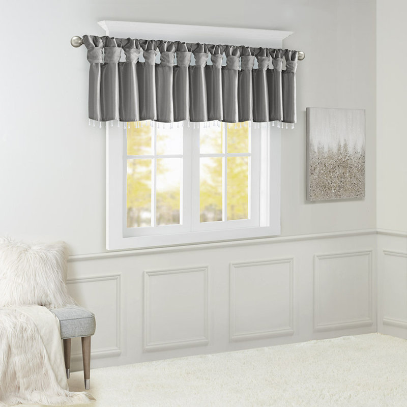 Lightweight Faux Silk Valance With Beads Charcoal 50X26", Charcoal