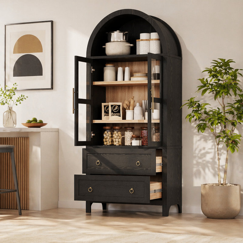 71" Tall Arched Kitchen Pantry Cabinet with 2 Large Drawers, Modern Farmhouse Kitchen Storage Cabinets with Adjustable Shelves, Glass Door, Wood Versatile Cupboard for Kitchens, Dining Room, Black