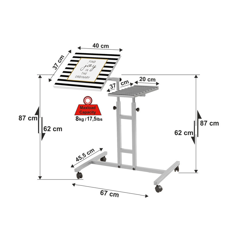 Bureau ajustable réglable pour ordinateur portable avec structure en métal, motif rayé blanc et noir, 14,6 po x 34,3 po x 15,7 po | 100% panneau de particules enduit de mélamine, poids maximal: 17,6 lb | Hauteur réglable, pieds à roulettes, rangement supplémentaire, utilisation polyvalente