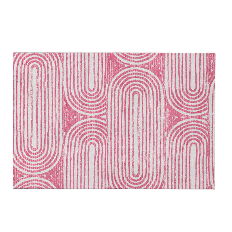 3' X 5' Blush And Ivory Geometric Distressed Washable Area Rug With UV Protection