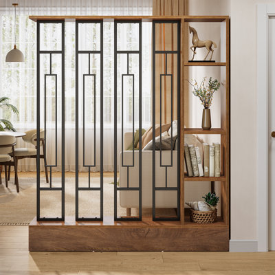 Cloison de 59 po x H 70,9 po avec tablettes, cloison autoportante pour entrée, salon, chambre à coucher