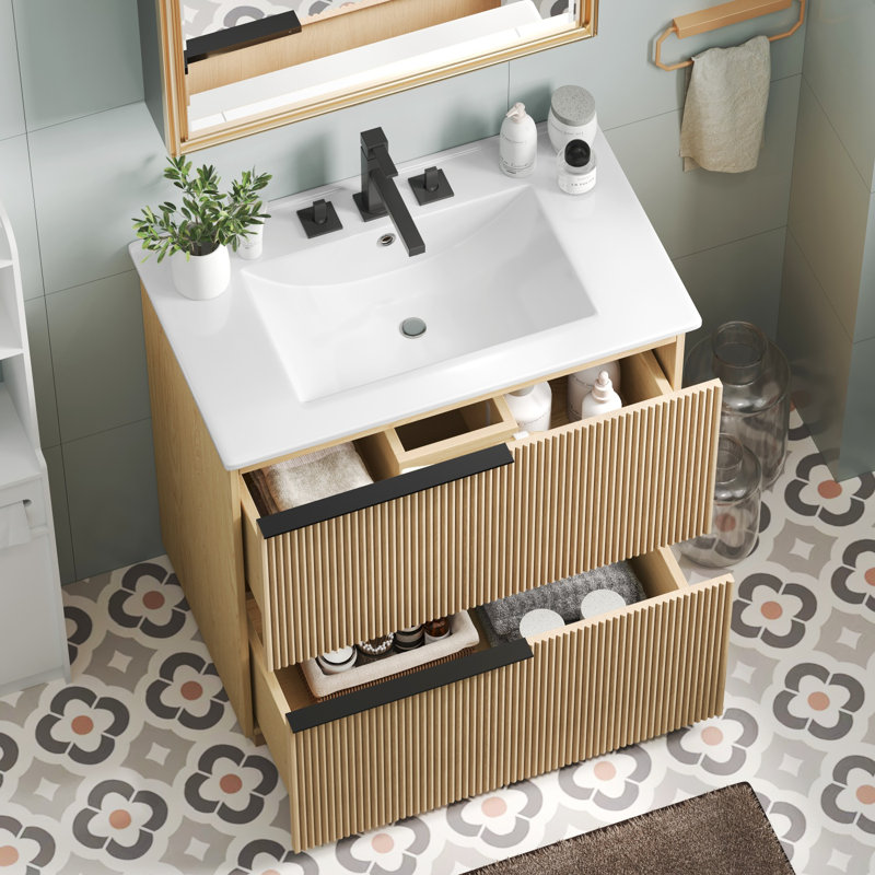 Meuble-lavabo de 30 po avec lavabo en céramique, tiroirs pleine extension et conception cannelée, Brun