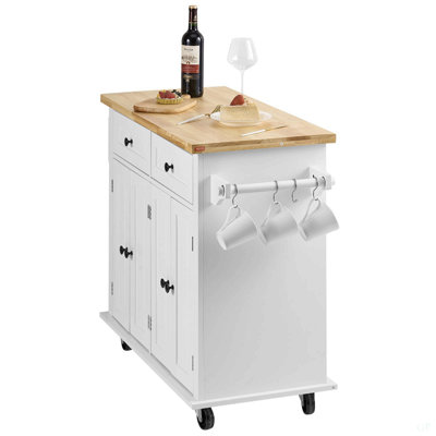 Îlot de cuisine avec plateau en bois massif, chariots mobiles d'une largeur de 35,4 po avec armoire de rangement, table de cuisine roulante avec support à épices, porte-serviettes et tiroir, îlots sur roulettes portables