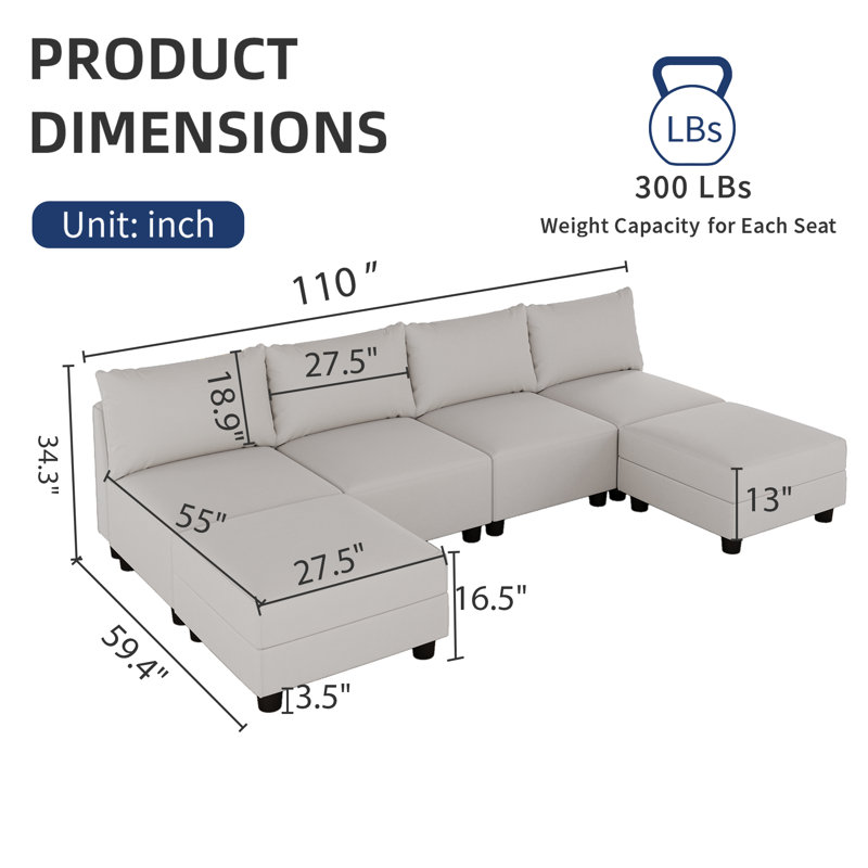 Modern Linen Modular Sectional Sofa U Shaped with Extra Deep Seats and Storage Ottomans, Beige Linen