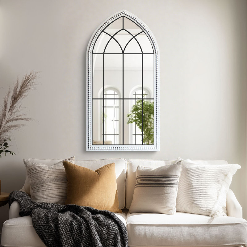 46" x 24" Beaded Wood Arched Cathedral Wall Mirror, Vintage Black