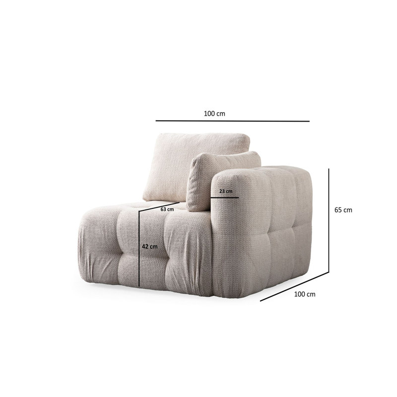 Élégant canapé 1 place, tissu beige, 39,4 x 39,4 x 25,6 pouces | Structure en bois de hêtre et en carton, 100% polyester | Comprend des coussins de 19,7 po x 19,7 po | Mousse grise douce et soutien dorsal en silicone pour un confort ultime