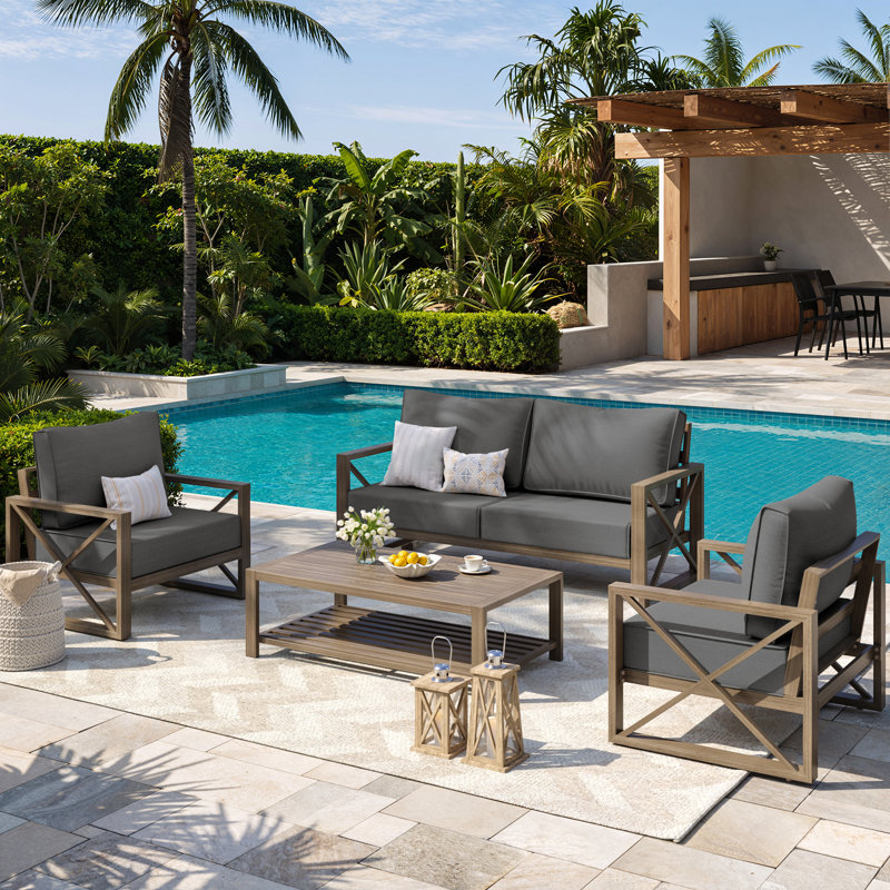 4-Piece Aluminum Patio Conversation Set with Faux Wood Grain Finish and Cushions, Dark Gray, Dark Gray