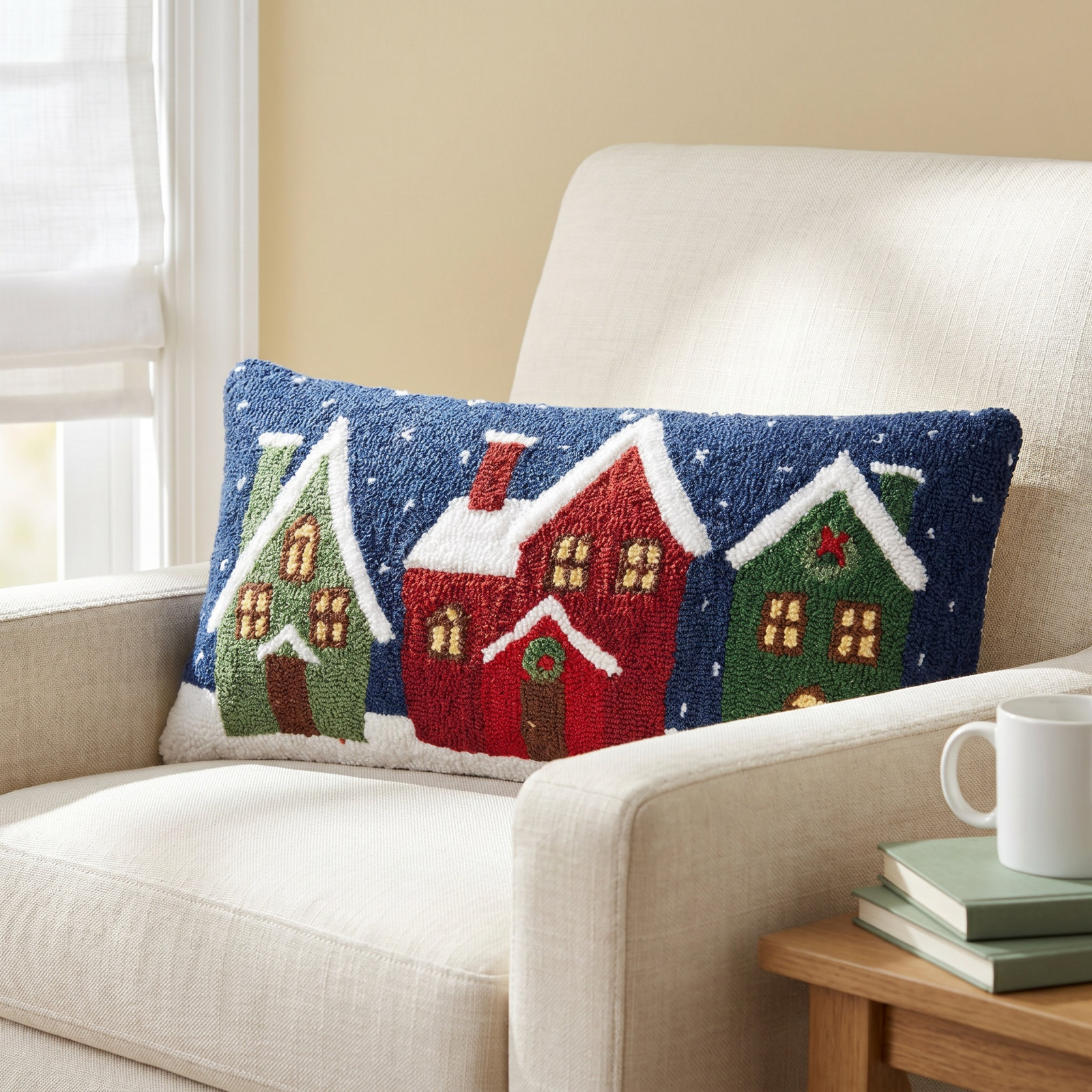 Winter Village Hooked Pillow