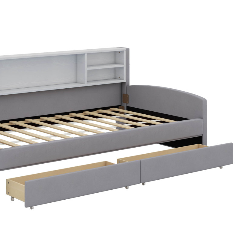 Lit plateforme simple tapissier avec tiroirs, Gris