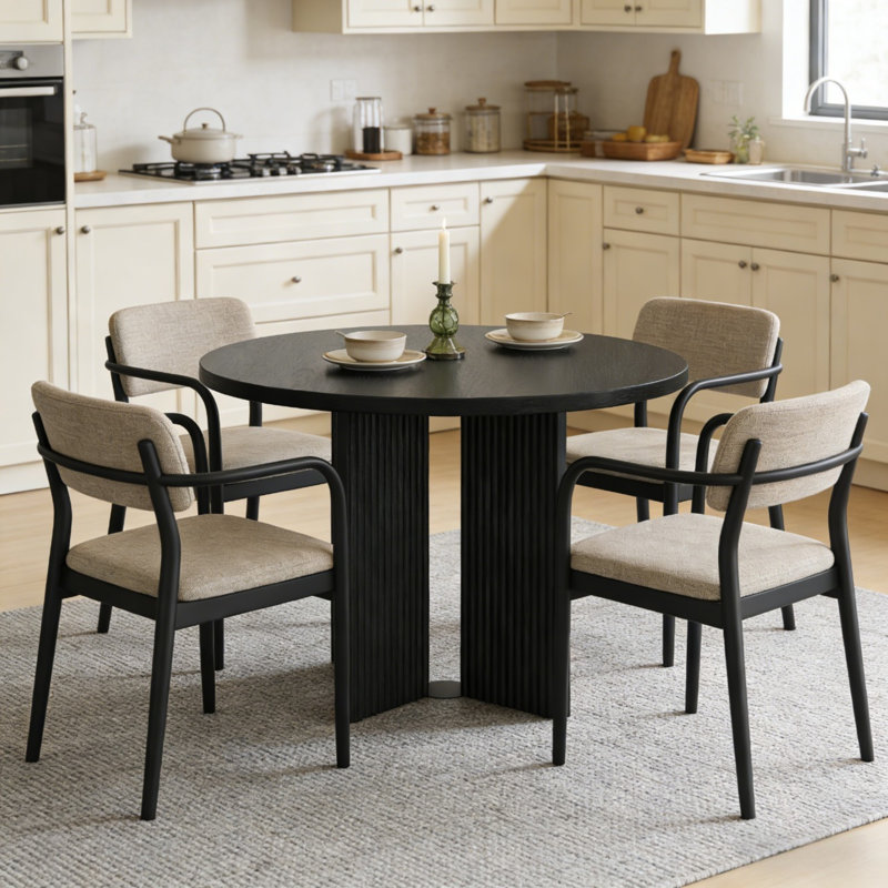 47.2" Mid-Century Modern Round Dining Table with Fluted 4 Legs Base, Black Wood Texture, Black