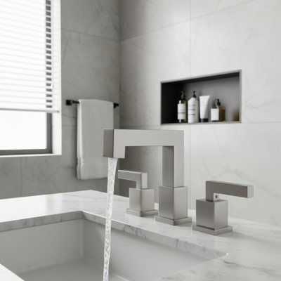 Brushed Nickel Widespread Bathroom Faucet - 2-handle Modern Square Vanity Sink Faucet With Drain & Hoses Included