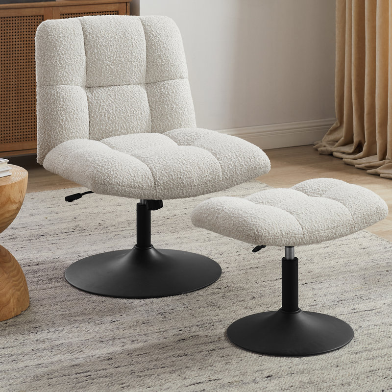 Upholstered Tufted Swivel Accent Chair With Ottoman, Height Adjustable Lounge Chair, White Boucle