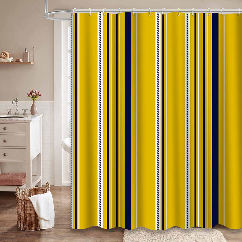 Rideau de douche rayé jaune, bleu, blanc, bleu marine avec 12 crochets, L 72 po x l 84 po