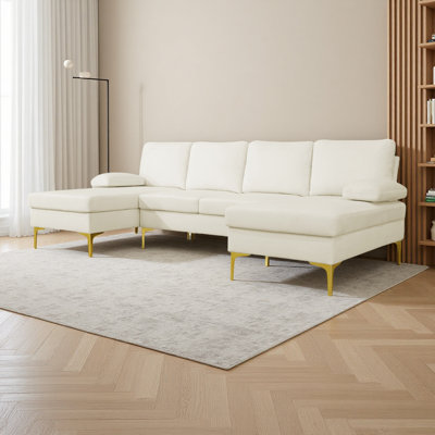 Ensemble de canapé en flanelle 3 pièces en forme de U - Tissu pelucheux à poils courts avec structure en bois massif et pieds en métal - Confort éponge anti-froissement, anti-insecte et haute densité