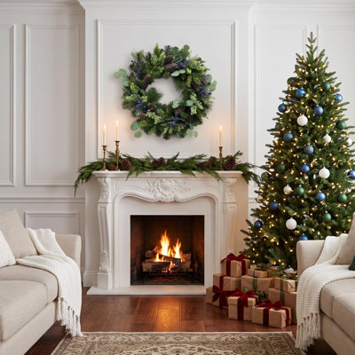 24" Pre-Lit Christmas Wreath with Blueberries & Pine Cones, 20 LED Lights for Door, Wall & Window Decor