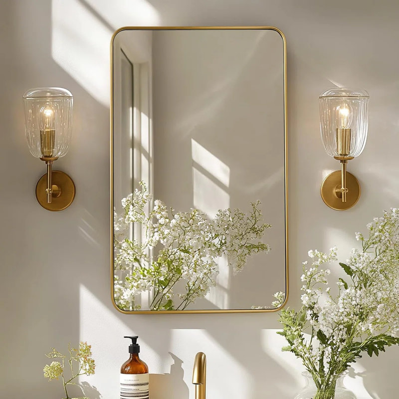 Modern Rounded Rectangular Bathroom Vanity Mirror | Stainless Steel U-Tube Frame, Brushed Gold, 36" x 24"