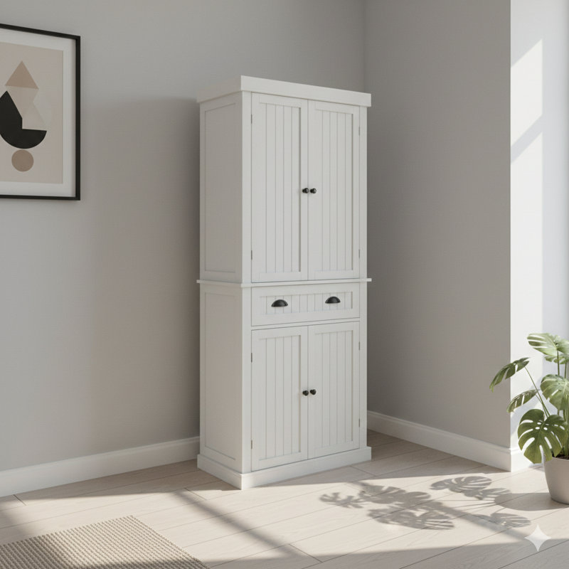 Armoire de rangement pour garde-manger de 71 pouces, avec quatre portes, un tiroir, deux tablettes réglables, un placard autonome pour la salle à manger, le salon et la buanderie, en blanc
