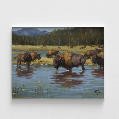 Buffalo Crossing By Jack Sorenson, American Buffalo Painting Print, Farm Animal Art, Countryside Scenery Painting Print, River Art Print