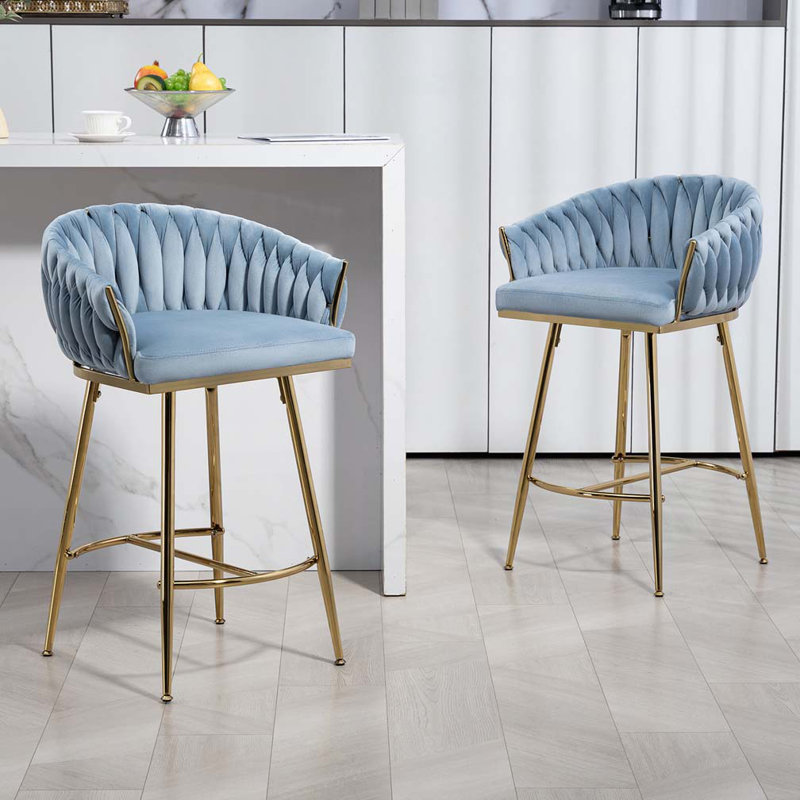 Velvet Upholstered Counter Height Bar Stools, Blue