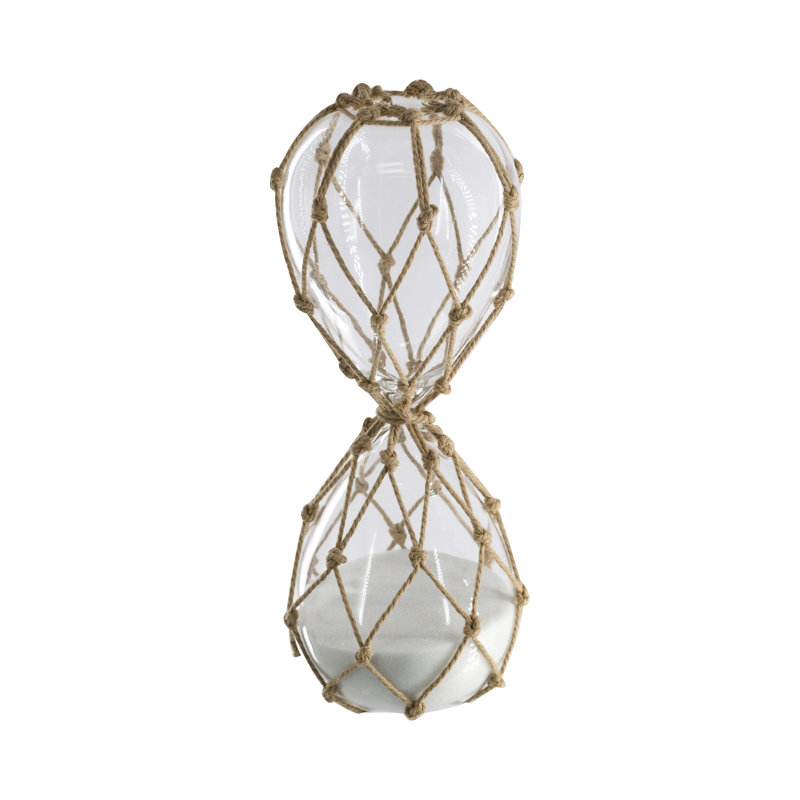 Clear 30-Minute Hourglass With White Sand And Tan Cotton Netting, 8”H x 3.5"W x 3.5”D