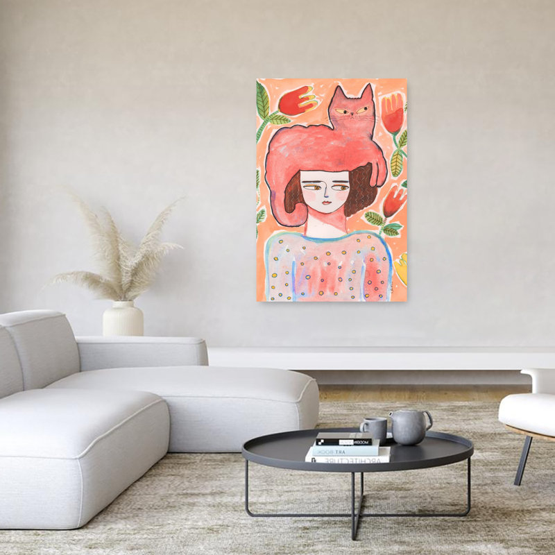 Femme avec chat, abstrait, chat moderne, nature, art mural, 60" H x 40" W