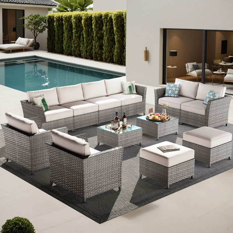 Cassville 8 - Person No Assembly Required Outdoor Conversation Set, Patio Wicker Sectional Seating Group with Cushions, All Weather Sofa Set with Optional Fire Pit Table for Garden Backyard