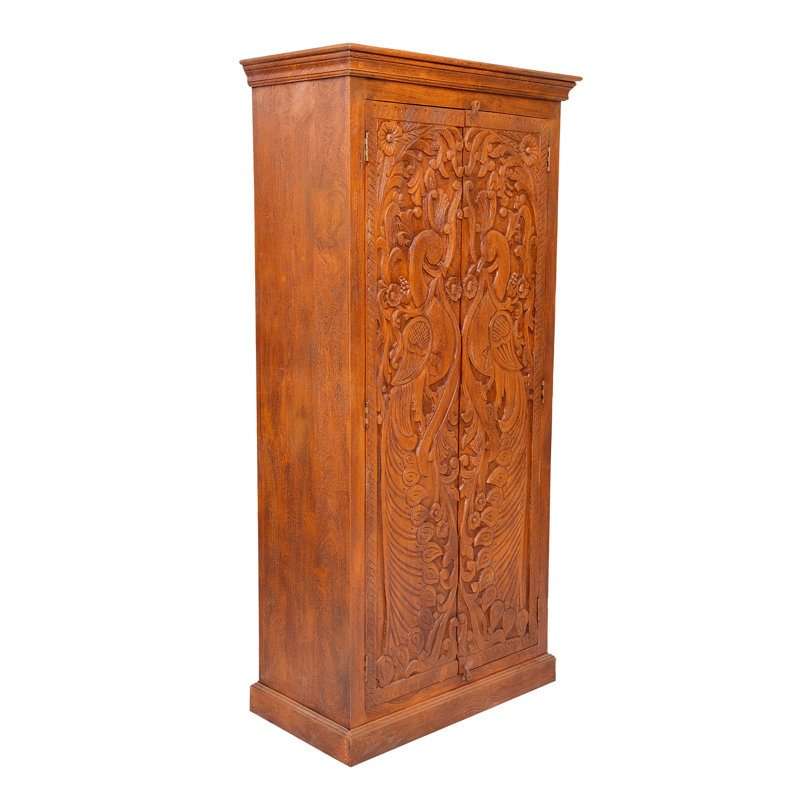 Cameren White Antique Solid Wood Hand Carved 2 Door Peacock Cabinet, Brown