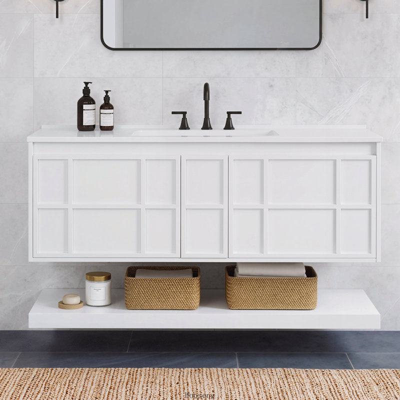Base de meuble-lavabo flottant mural 48 po seulement, armoire en panneau de fibres à densité moyenne avec 2 grands tiroirs et tablette inférieure ouverte, conception sans poignée, blanc