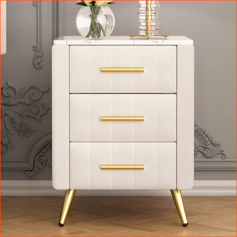 Table de chevet rembourrée beige à 3 tiroirs Plateau marbré