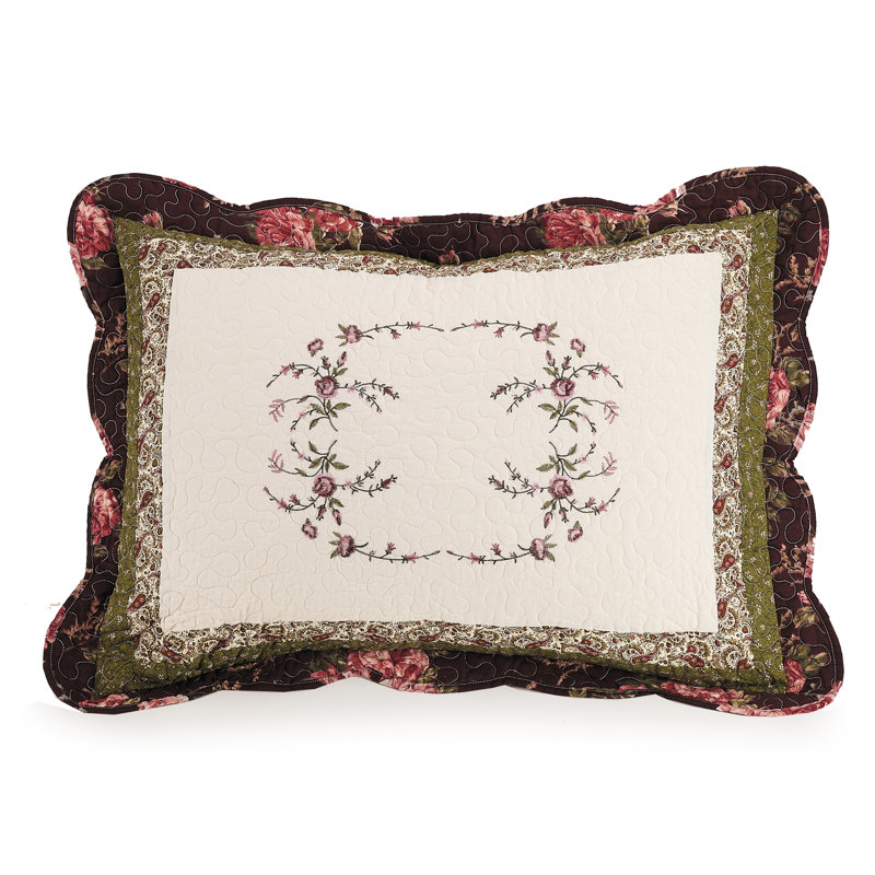 Brooke Floral Embroidered Scalloped Quilt Set, Full/Queen Quilt + 2 Shams